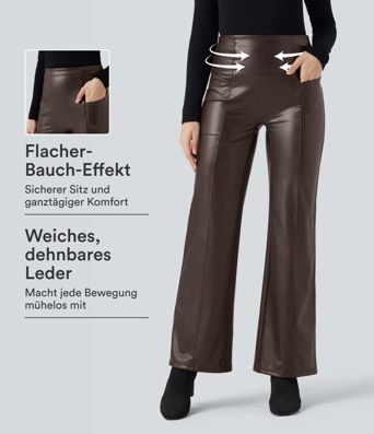 Lässige Fleece-Schlaghose aus dehnbarem Kunstleder mit hohem Bund, Seitentaschen und Bauchkontrolle