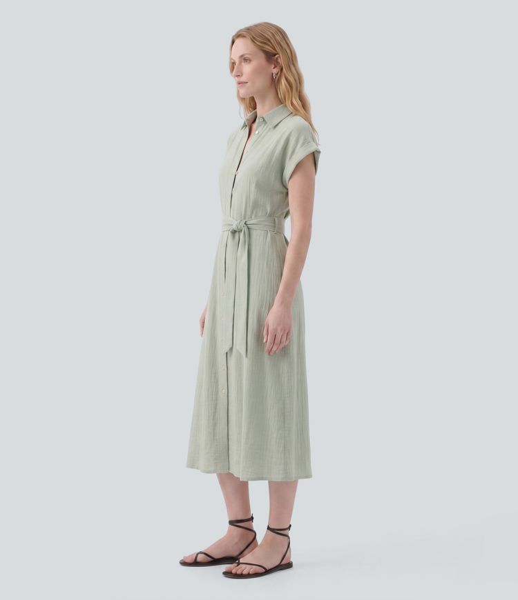 Robe chemise midi décontractée à col et manches courtes et ceinture