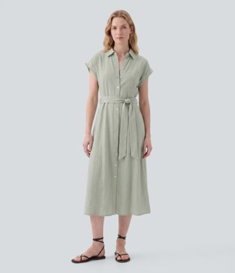 Robe chemise midi décontractée à col et manches courtes et ceinture