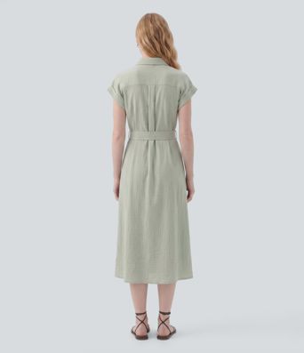 Robe chemise midi décontractée à col et manches courtes et ceinture