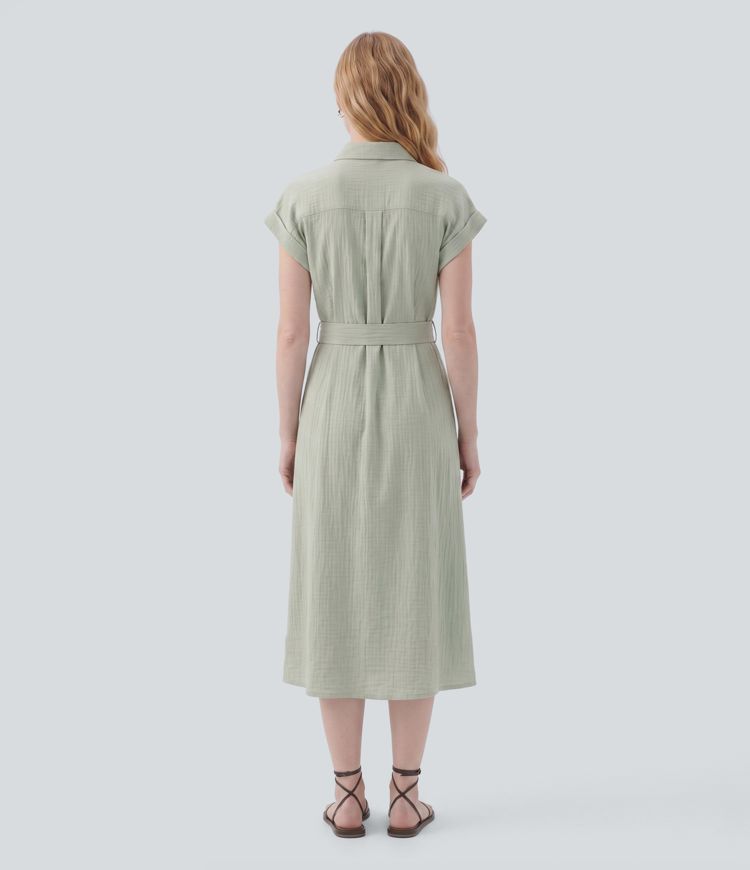 Robe chemise midi décontractée à col et manches courtes et ceinture