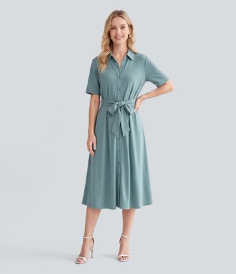 Robe-chemise de travail mi-longue à col Breezeful™, manches courtes et ceinture, séchage rapide