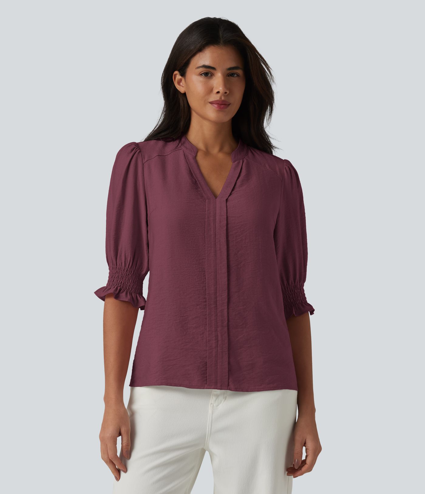 V Neck Puff Short Sleeve Casual Blouse V Neck Puff Short Sleeve Casual Blouse