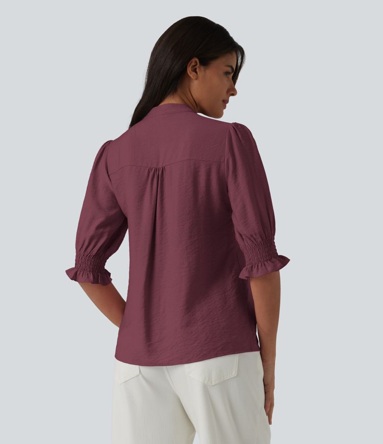 V Neck Puff Short Sleeve Casual Blouse V Neck Puff Short Sleeve Casual Blouse