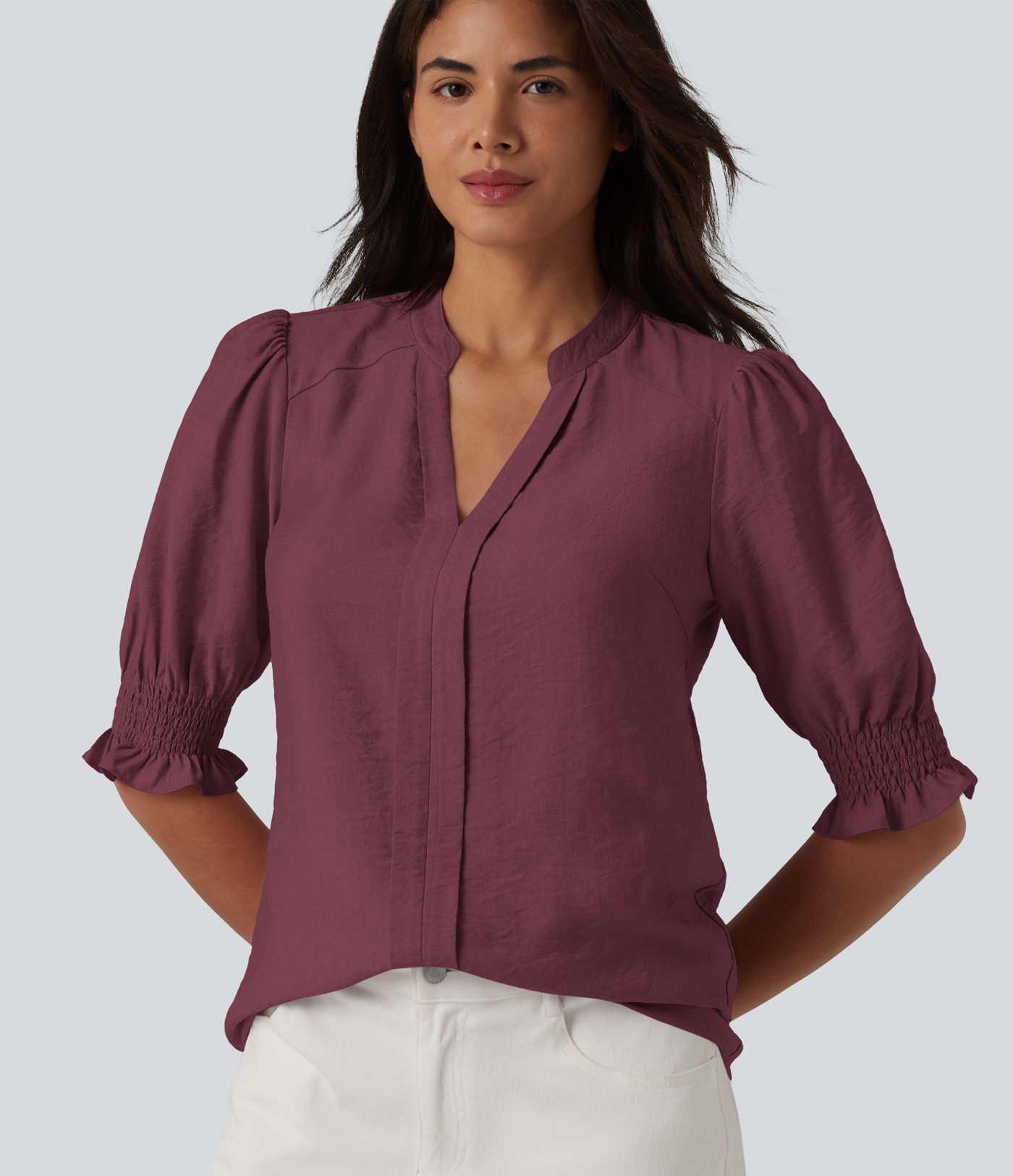 V Neck Puff Short Sleeve Casual Blouse V Neck Puff Short Sleeve Casual Blouse