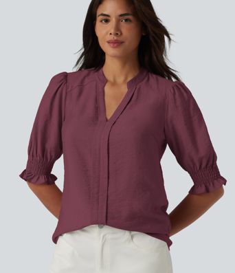 V Neck Puff Short Sleeve Casual Blouse V Neck Puff Short Sleeve Casual Blouse