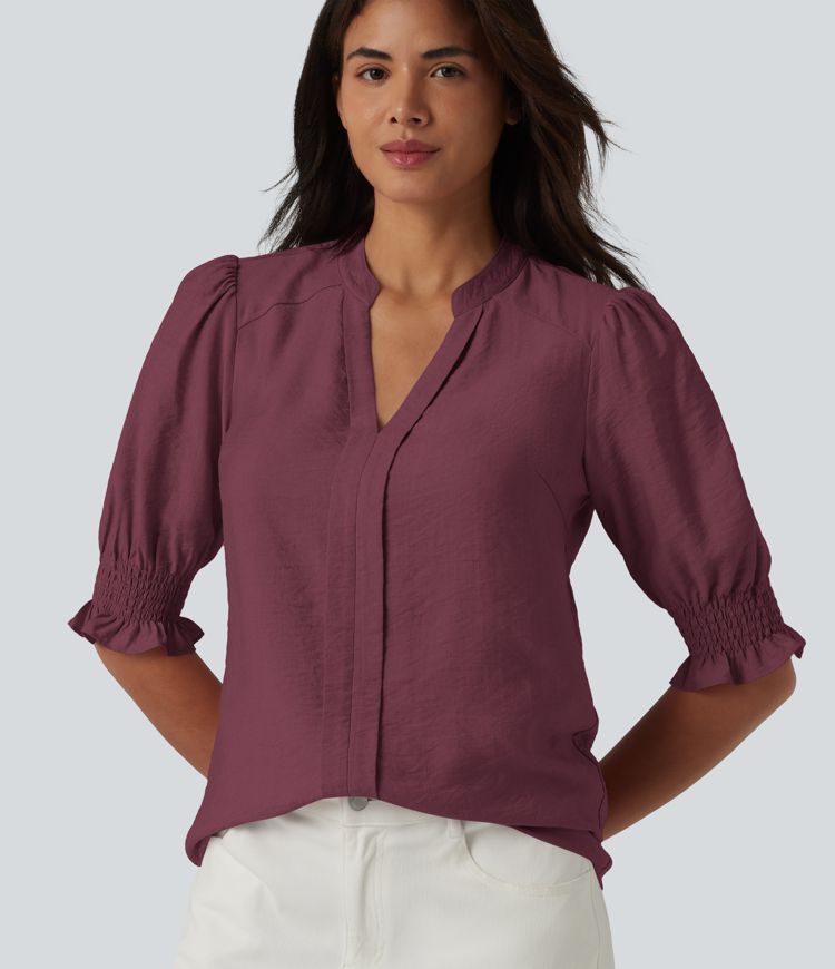 V Neck Puff Short Sleeve Casual Blouse V Neck Puff Short Sleeve Casual Blouse