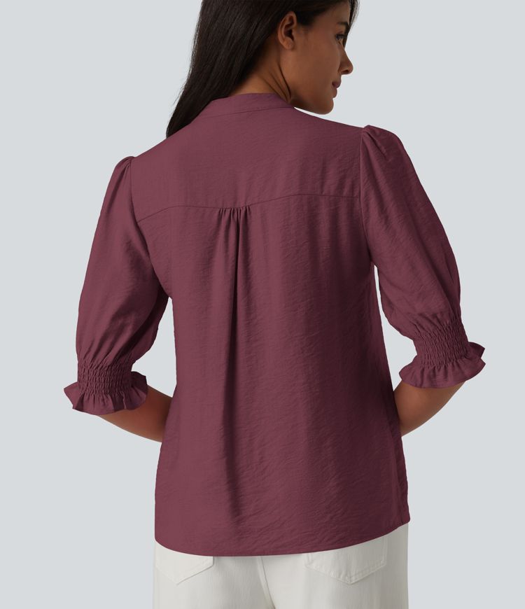V Neck Puff Short Sleeve Casual Blouse V Neck Puff Short Sleeve Casual Blouse