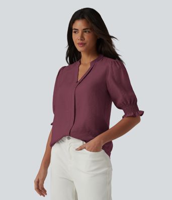 V Neck Puff Short Sleeve Casual Blouse V Neck Puff Short Sleeve Casual Blouse