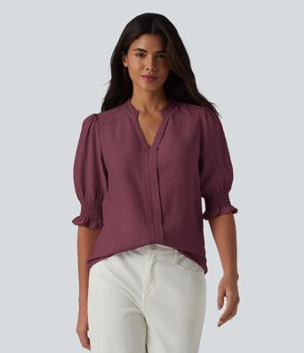 V Neck Puff Short Sleeve Casual Blouse V Neck Puff Short Sleeve Casual Blouse