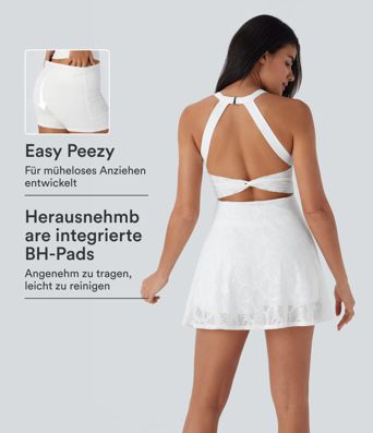 Gedrehtes, rückenfreies 2-in-1 Tanz-Minikleid aus Spitze mit Seitentaschen - Easy Peezy Gedrehtes, rückenfreies 2-in-1 Tanz-Minikleid aus Spitze mit Seitentaschen - Easy Peezy