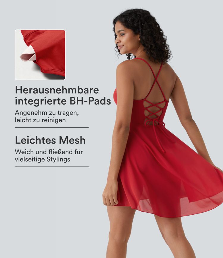 Fließendes 2-in-1 Mini-Tanzkleid mit Seitentaschen, High-Low-Design, kontrastierendem Mesh und Schnürung - A-D-Cups Fließendes 2-in-1 Mini-Tanzkleid mit Seitentaschen, High-Low-Design, kontrastierendem Mesh und Schnürung - A-D-Cups