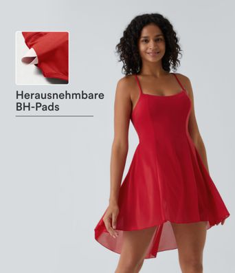 Fließendes 2-in-1 Mini-Tanzkleid mit Seitentaschen, High-Low-Design, kontrastierendem Mesh und Schnürung - A-D-Cups Fließendes 2-in-1 Mini-Tanzkleid mit Seitentaschen, High-Low-Design, kontrastierendem Mesh und Schnürung - A-D-Cups
