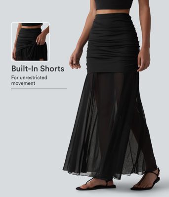 High Waisted Ruched Maxi 2-in-1 Casual Flowy Mesh Skirt