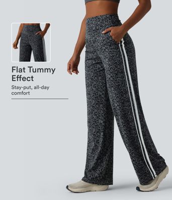 Halara UltraSculpt™ Leopard Print High Waisted Tummy Control Side Stripes Yoga Straight Leg Trousers with Pockets