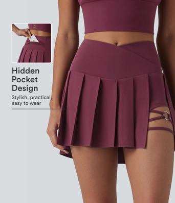 Breezeful™ Crossover High Waisted Pleated 2-in-1 Asymmetric Hem Quick Dry Mini Dance Skirt with Pockets