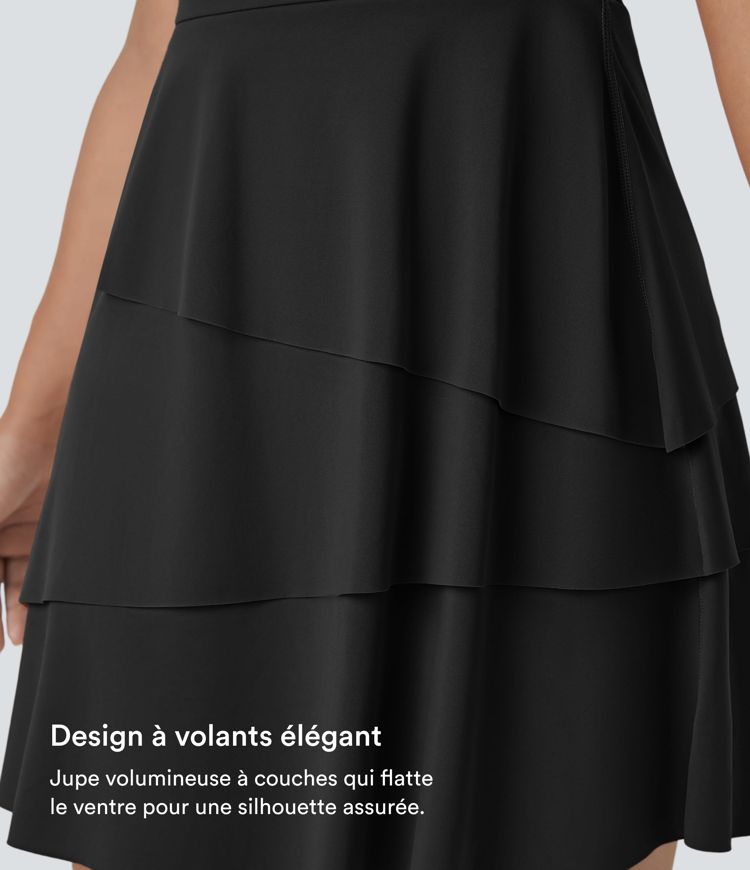 Softlyzero™ Airy Robe Sport Mini à Toucher Frais 2-en-1 avec Volants à Tiers et Dos Nu à Poches