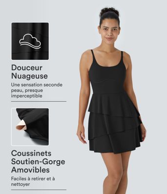Softlyzero™ Airy Robe Sport Mini à Toucher Frais 2-en-1 avec Volants à Tiers et Dos Nu à Poches