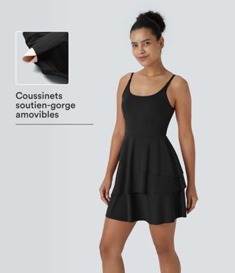 Softlyzero™ Airy Robe Sport Mini à Toucher Frais 2-en-1 avec Volants à Tiers et Dos Nu à Poches