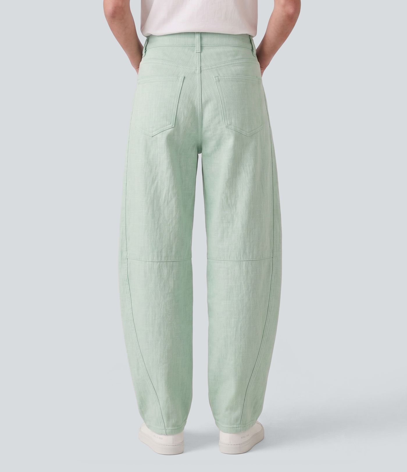 Pantalon casual barrel en coton et lin taille mi-haute avec poches