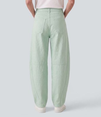 Pantalon casual barrel en coton et lin taille mi-haute avec poches