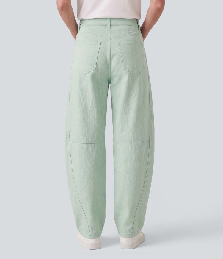 Pantalon casual barrel en coton et lin taille mi-haute avec poches