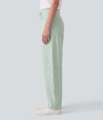 Pantalon casual barrel en coton et lin taille mi-haute avec poches
