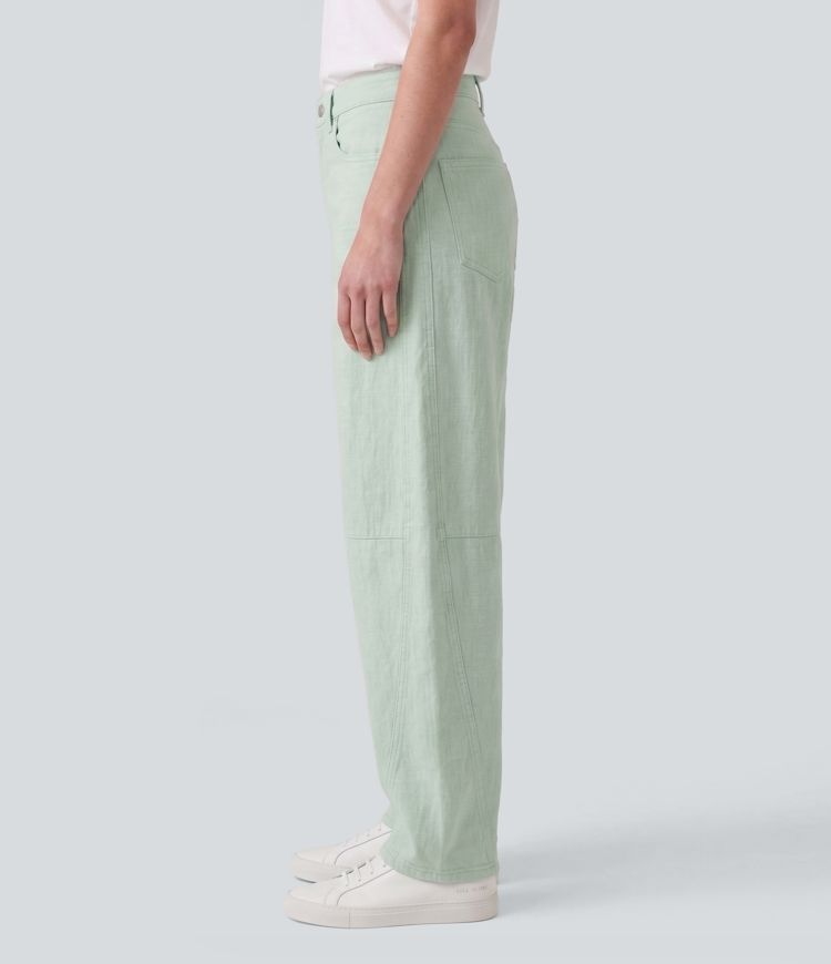 Pantalon casual barrel en coton et lin taille mi-haute avec poches
