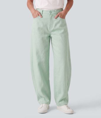 Pantalon casual barrel en coton et lin taille mi-haute avec poches