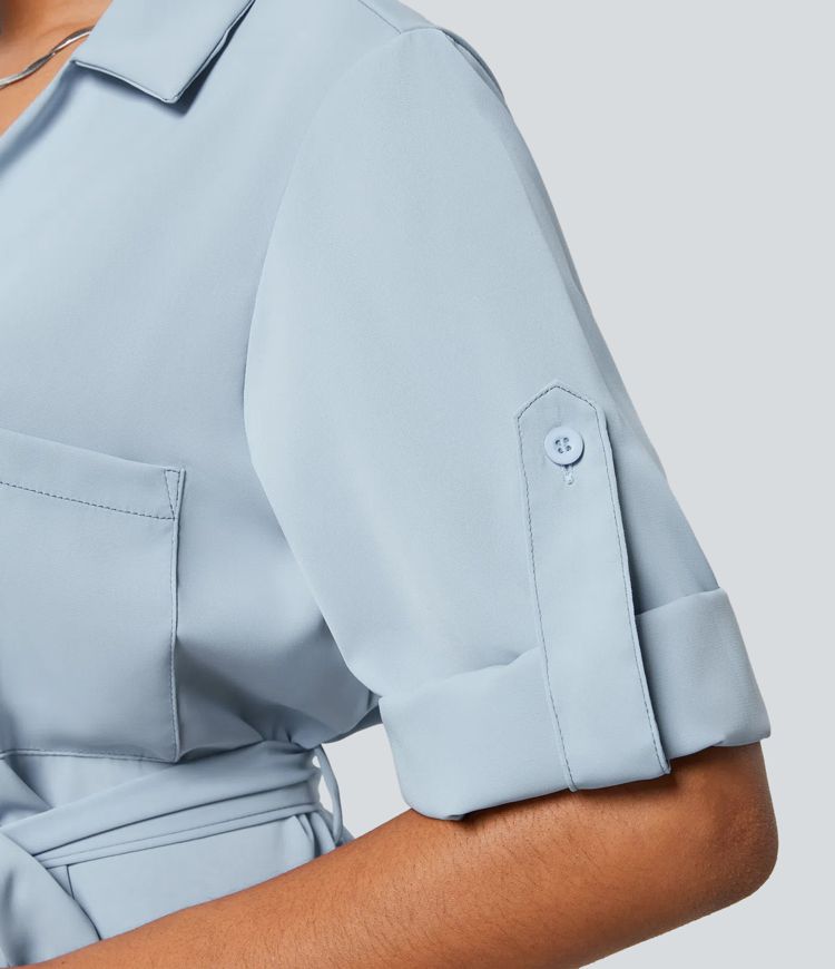 Robe-chemise mini décontractée à manches retroussées, ceinture et poche