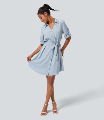 Robe-chemise mini décontractée à manches retroussées, ceinture et poche