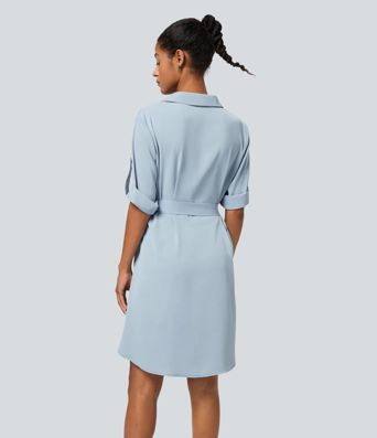 Robe-chemise mini décontractée à manches retroussées, ceinture et poche