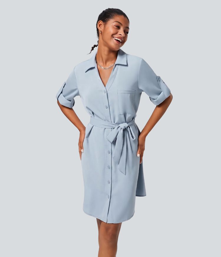 Robe-chemise mini décontractée à manches retroussées, ceinture et poche