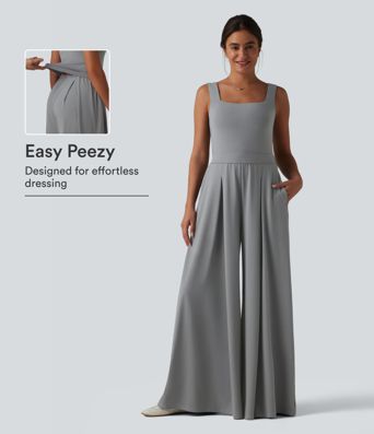 Square Neck Baggy Casual Jumpsuit with Pockets-Easy Peezy Edition