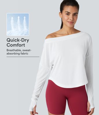 One Shoulder Long Sleeve Thumb Hole Curved Hem High Low Quick Dry Yoga Sports Top
