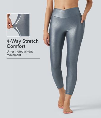Leggings de yoga en punto acanalado, cintura alta con cruce, estampado metalizado (foil) y bolsillos