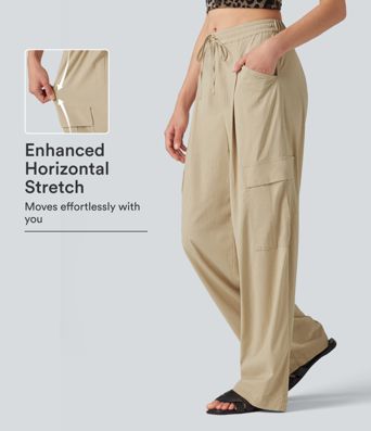 Mid Rise Drawstring Straight Leg Casual Stretch Linen Cargo Trousers with Pockets