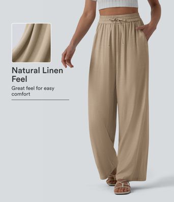 High Waisted Drawstring Wide Leg Casual Linen-Blend Pants with Pockets