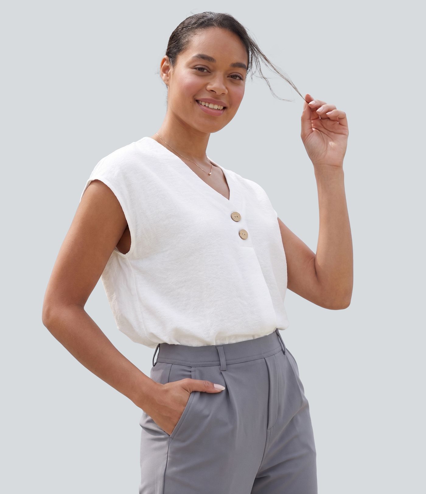 V Neck Cap Sleeve Decorative Work Blouse