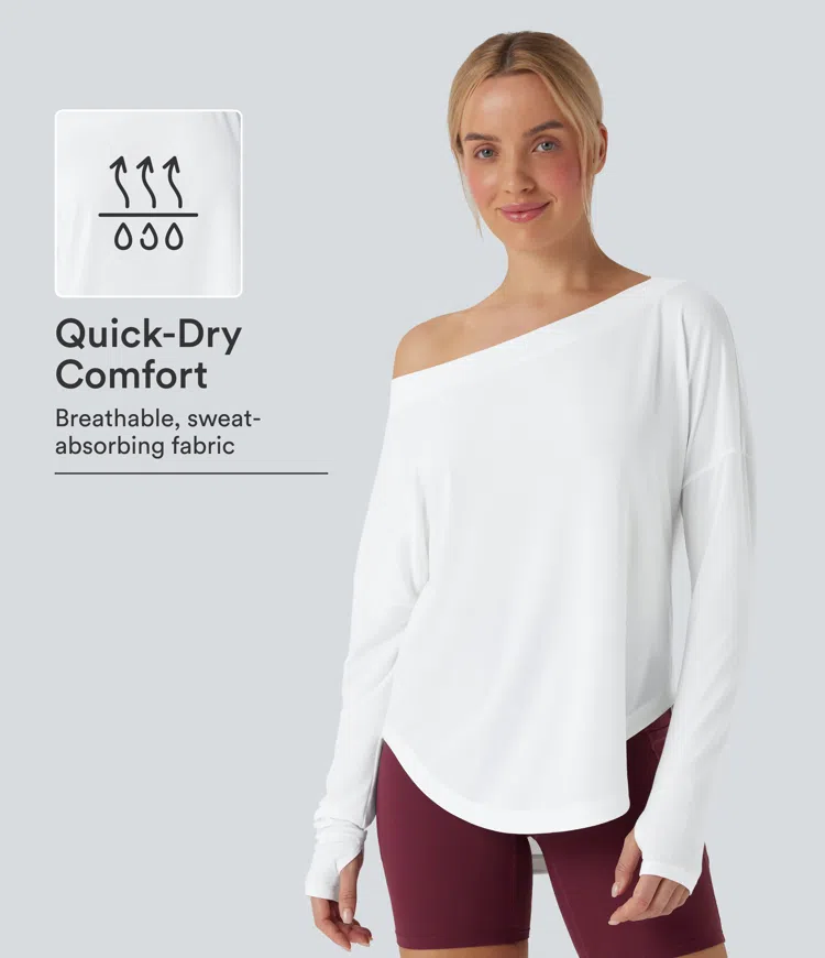 One Shoulder Long Sleeve Thumb Hole Curved Hem High Low Quick Dry Yoga Sports Top