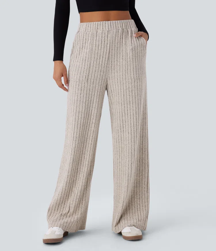Warm Grey Floral Velvet Gerippte Strick-Hose mit hoher Taille, Taschen und weitem Bein für lässige Anlässe / 1