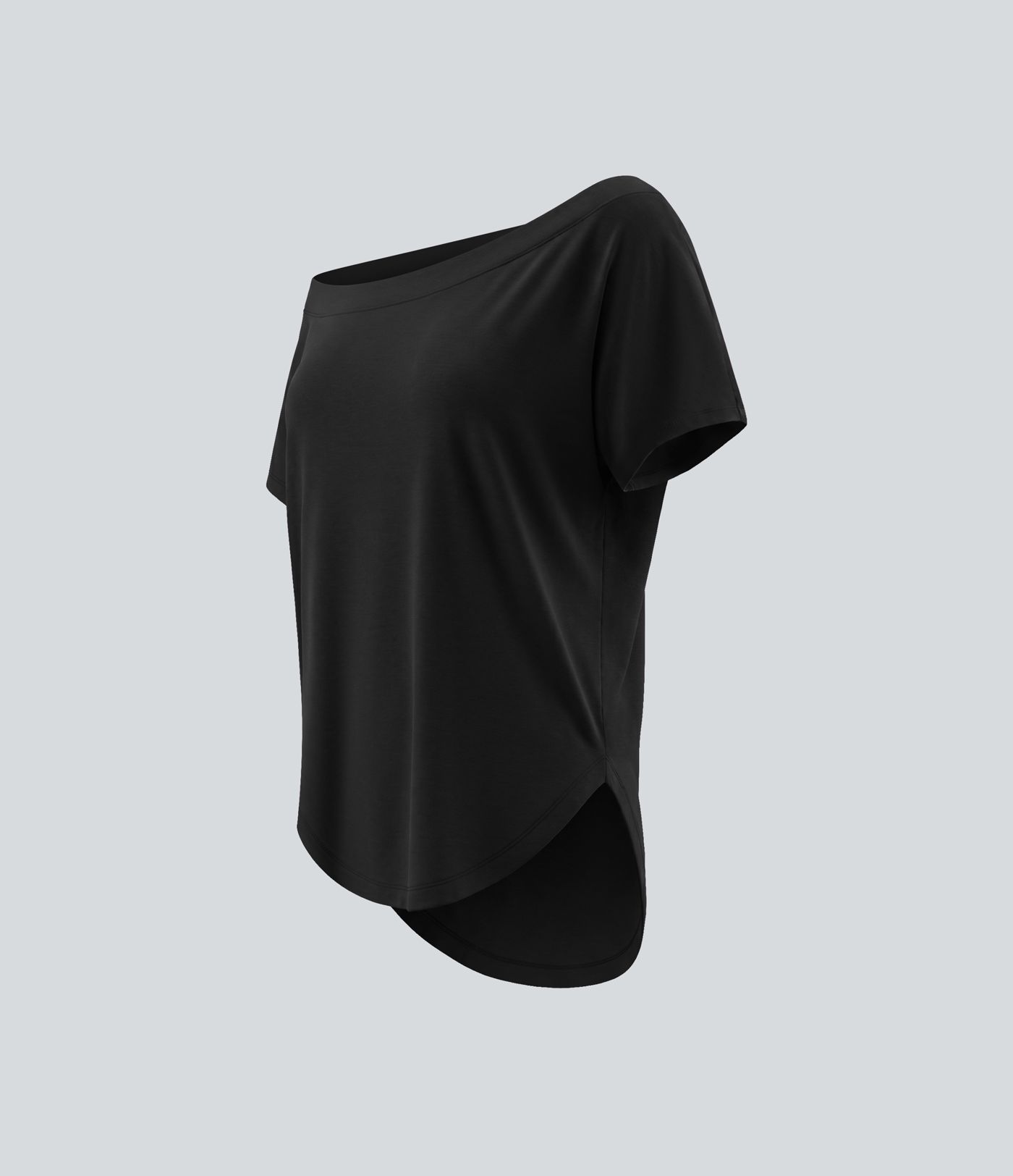 Top de sport yoga asymétrique à épaule dénudée manches courtes ourlet arrondi et coupe asymétrique à séchage rapide – Soutien-gorge intégré Top de sport yoga asymétrique à épaule dénudée manches courtes ourlet arrondi et coupe asymétrique à séchage rapide – Soutien-gorge intégré