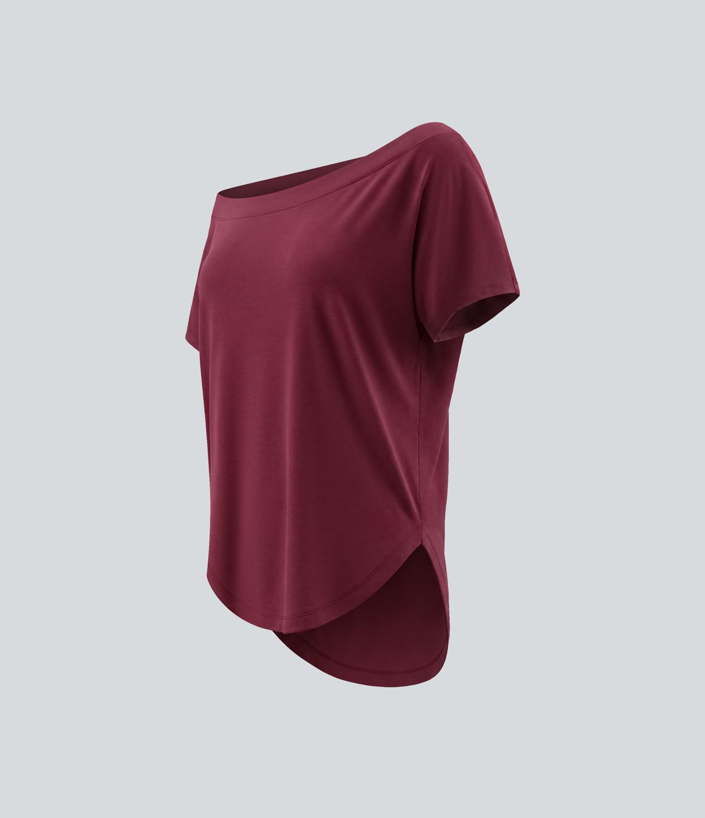 Top de yoga et de sport asymétrique à une épaule, manches courtes, ourlet arrondi hi‑lo (plus court devant, plus long derrière), à séchage rapide, avec soutien‑gorge intégré