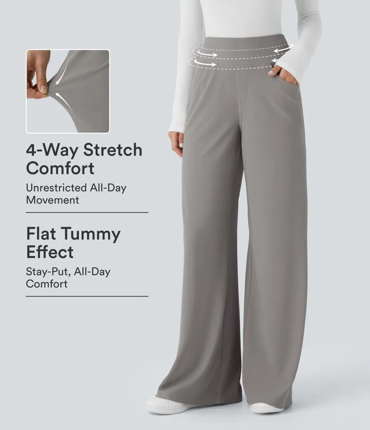 Halara Flex™ Pantalon de travail taille haute gainant, avec poches, jambe large ample en micro-gaufre