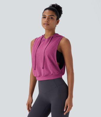 Hooded Drawstring Sleeveless Cropped Running Tank Top Hooded Drawstring Sleeveless Cropped Running Tank Top