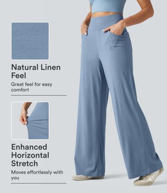 High Waisted Tummy Control Wide Leg Casual Stretch Linen Pants with Pockets