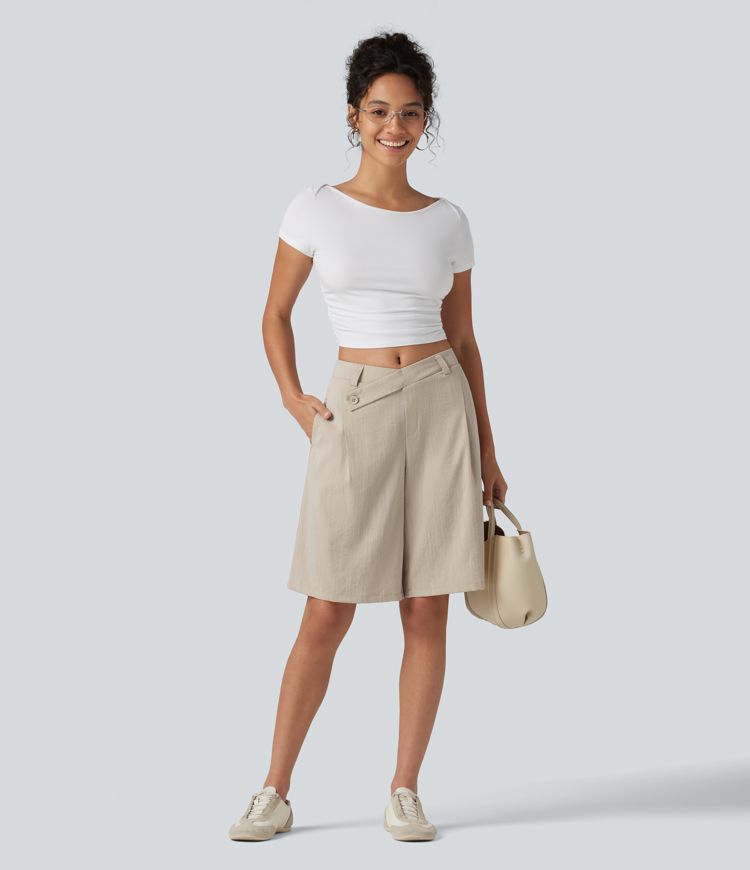 Asymmetric Mid Rise Work Linen-Feel Bermuda Shorts 10'' with Pockets