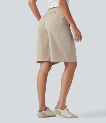 Asymmetric Mid Rise Work Linen-Feel Bermuda Shorts 10'' with Pockets