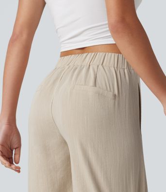 Asymmetric Mid Rise Work Linen-Feel Bermuda Shorts 10'' with Pockets