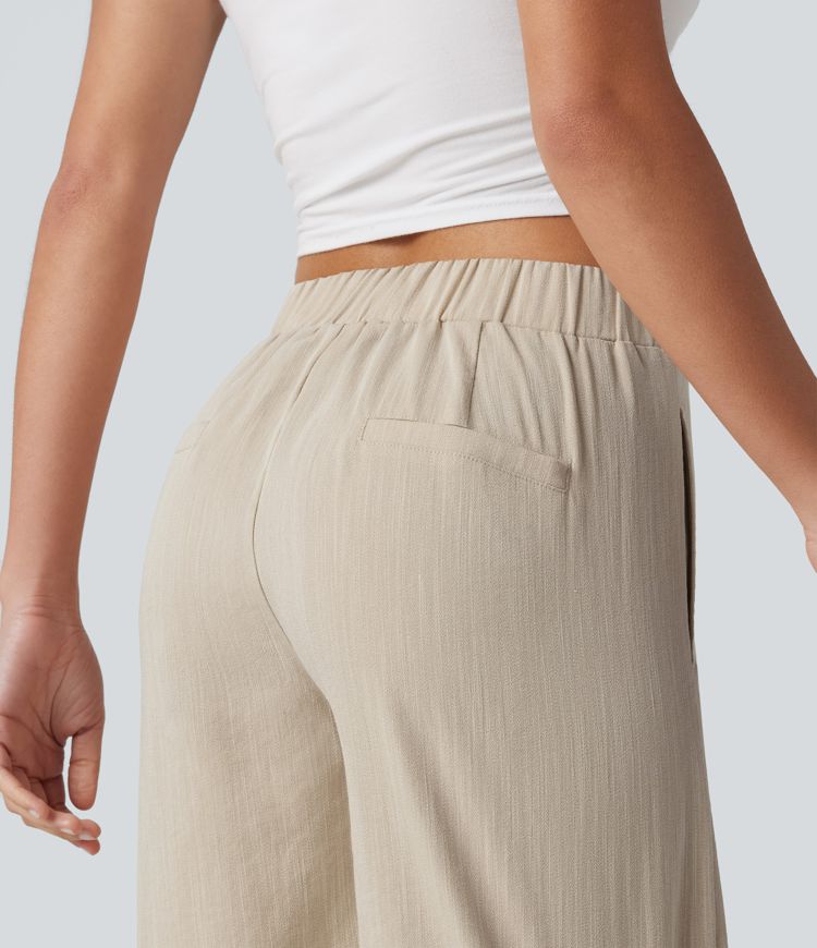 Asymmetric Mid Rise Work Linen-Feel Bermuda Shorts 10'' with Pockets